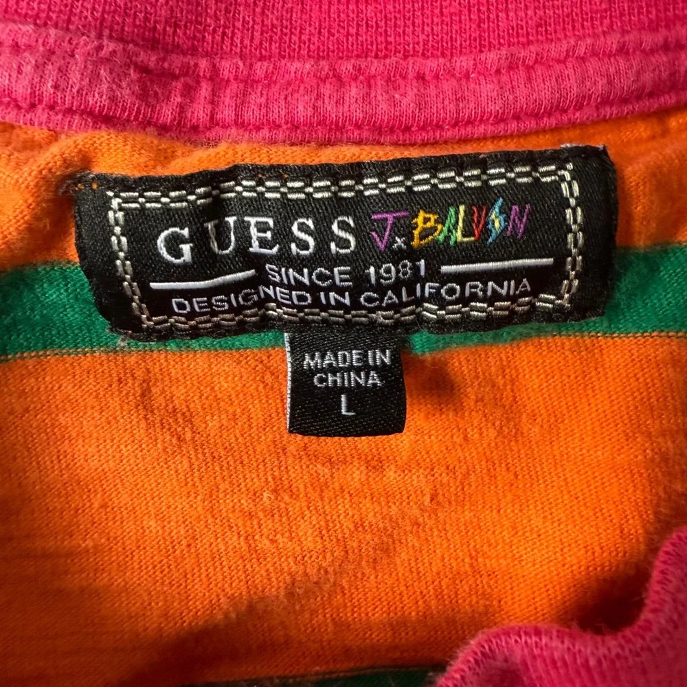 J. Balvin Vibras GUESS Orange‎ Green Stripe T Shirt Men's L Retro 2019 Reggaeton - Picture 3 of 11